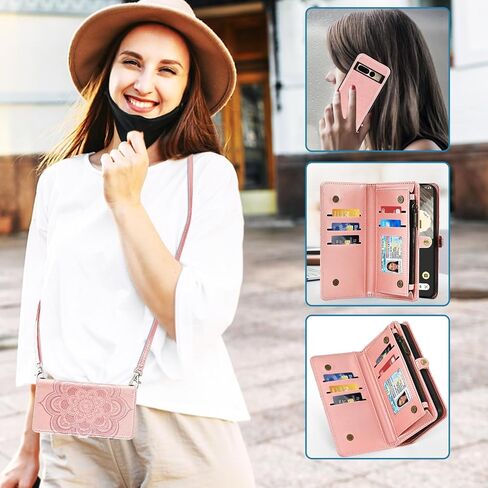 Asuwish Phone Case for Google Pixel 7 Pro 5G Zipper Wallet Detachable Cell Cover with Tempered Glass Screen Protector Strap Flower Card Holder Pixel7Pro Pixel7 XL Seven 7Pro 6.7 Women Girls Rose Gold in Saudi Arabia