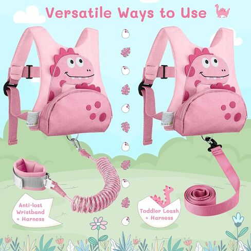 Dr.meter 3 in 1 Toddler Harness Leash + 8.2ft Anti Lost Wrist Link, Cute Dinosaur Kids Safety Harness Tether with Key Lock, Child Protective Leashes While Walking for Outdoor Activity Keep Kids Close in Saudi Arabia