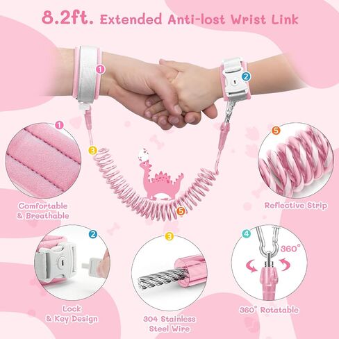 Dr.meter 3 in 1 Toddler Harness Leash + 8.2ft Anti Lost Wrist Link, Cute Dinosaur Kids Safety Harness Tether with Key Lock, Child Protective Leashes While Walking for Outdoor Activity Keep Kids Close in Saudi Arabia