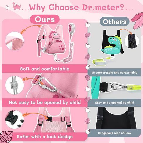 Dr.meter 3 in 1 Toddler Harness Leash + 8.2ft Anti Lost Wrist Link, Cute Dinosaur Kids Safety Harness Tether with Key Lock, Child Protective Leashes While Walking for Outdoor Activity Keep Kids Close in Saudi Arabia