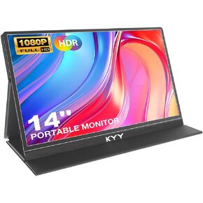 KYY Portable Monitor for Laptop, 14" FHD 1080P Travel Monitor, USB-C & HDMI Computer Gaming Screen with VESA Mount & Smart Cover, Dual Speakers, for Mac PC Phone Xbox PS5 Switch