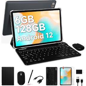 Tablet 2024 Newest 10.1 Inch Android 12 Tablet with Keyboard, 6GB RAM, 128GB ROM, 1TB Expansion, 2 In 1 Octa-Core Tablet, 5G Wifi & 2.4G Wifi, 6000 mAh Battery, Dual Cameras, Bluetooth/Mouse/Case/GPS