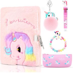 Plush Unicorn Dog Notebook Set, Fluffy Journal Notebook for Girls Embroidery Private Diary Notepad with Lock Multicolored Pen Lovely Pencil Case Key Rings Bracelets for Writing Drawing (Unicorn)