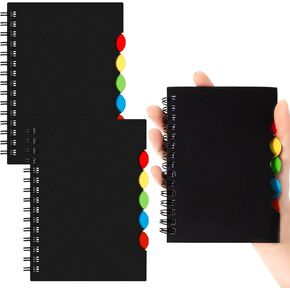 3 Pack Tabbed Notebook Mini Spiral Notebook Small Spiral Journal 5 Subject Divider Notebook 5.5 x 3.5 Inches 140 Pages for Diary Notes Writing School College Students, Black, PP Cover