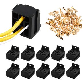 10PCS Relay Base Holders, 12V/24V 30A-80A Relay Socket Holder Connector, 5 Pin Relay Base Socket with 50PCS 6.3mm Terminals Electrical Wire Splice Connectors for Car Truck Marine Boat
