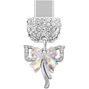 ELISE & FONDA TP224 Type-C USB Charging Port Crystal Anti Dust Plug Little Double Bow Cell Phone Charm for Samsung Galaxy/Huawei/OnePlus/Xiaomi/oppo Android Phones (White)