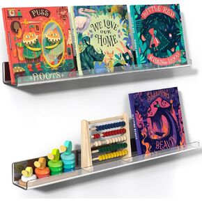 NiHome Clear Magnetic Acrylic Book Shelves 2-Pack, 17'' for Whiteboard, Classroom and Fridge Storage, Sleek Design for Large Picture Books and File Holders, Holds up to 8.5 lbs