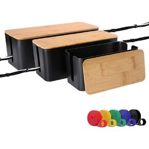 Cable Management Organizer Box, Large Storage Bamboo Lid Wires Concealer Holder for Desk, Home, Kitchen, TV, Computer, Ideal to Cover Hide Tidy Surge Protector Power Strips & Cord (3 Pack, Black)
