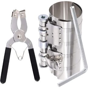 Glarks 7Pcs 3" 4" 6" Piston Ring Compressor Tool Service Set, Car Engine Piston Ring Compressor and Piston Ring Pliers with Adjustable Safety Screws and Wrench for Car Engine, Machine Tractor Pistons