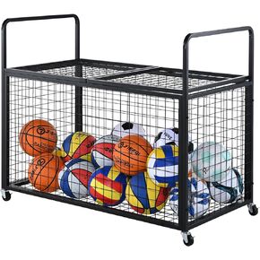 VEVOR Rolling Sports Ball Storage Cart, Lockable Basketball Cage with Double Lids, Sport Equipment Holder Organizer for Indoor Outdoor, Steel Storage Rack for Garages, Playgroup, Gym and Schools