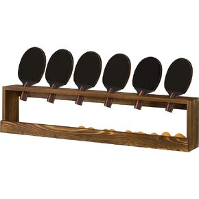 MyGift Wall Mounted Vintage Wood Ping Pong Paddle Table Tennis Racket Display Rack Holder with Ball Holder Storage Shelf