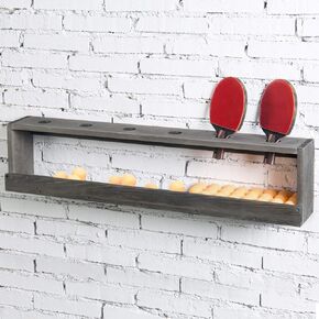 MyGift Wall Mounted Vintage Wood Ping Pong Paddle Table Tennis Racket Display Rack Holder with Ball Holder Storage Shelf