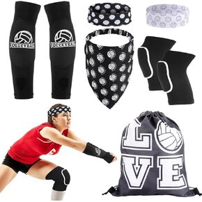 6 Pcs Volleyball Accessories Kit, Youth Volleyball Knee Pads Arm Sleeves Drawstring Bag Softball Headbands Volleyball Protection Equipment Gifts for Beginners Teen Girls