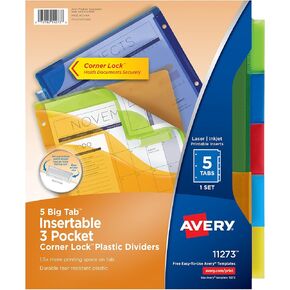 Avery Dividers for 3 Ring Binders, 5 Tab Binder Dividers, Three-Pocket Plastic Binder Dividers with Corner Lock, Insertable Big Tabs, Multicolor, Works with Sheet Protectors, 1 Set (11273)