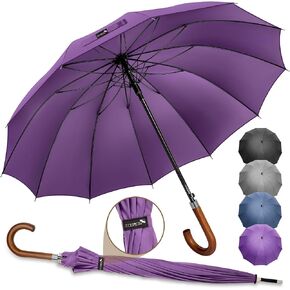 ZOMAKE Large Stick Umbrella With Wood Hook Handle 55 Inch - Automatic Open Classic Golf Umbrellas Windproof 12 Ribs - Curved Handle Business Umbrella Cane, Long Umbrella With J Hook for Men Women