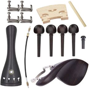 15Pcs 4/4-3/4 Violin Accessories Kit with Tailpiece 4 Tuning Pegs Tail Gut 4 Fine Tuners Endpin Sound Post Bridge Chin Rest Replacement Parts Fisheye Pattern Ebony