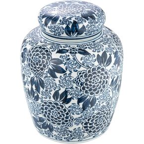 Creative Co-Op Decorative Ceramic Lid, Blue and White Ginger Jar, Dahlia Flower