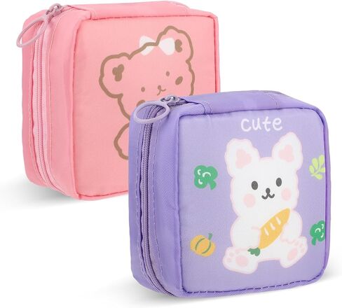 Cute Sanitary Napkin Storage Bag, 2Pcs Portable Period Holder Bag Cartoon Menstrual Pad Bag Kawaii Tampon Pad Holder Purse Pad Pouch with Zipper Suitable for Girls Women(Pink+Purple) in Saudi Arabia