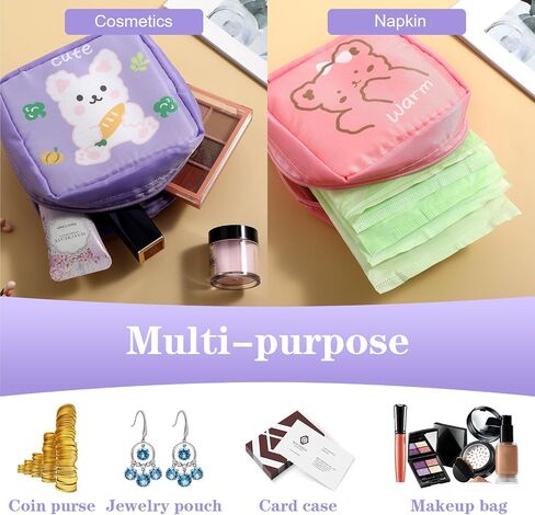 Cute Sanitary Napkin Storage Bag, 2Pcs Portable Period Holder Bag Cartoon Menstrual Pad Bag Kawaii Tampon Pad Holder Purse Pad Pouch with Zipper Suitable for Girls Women(Pink+Purple) in Saudi Arabia