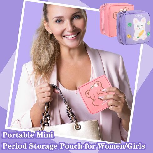 Cute Sanitary Napkin Storage Bag, 2Pcs Portable Period Holder Bag Cartoon Menstrual Pad Bag Kawaii Tampon Pad Holder Purse Pad Pouch with Zipper Suitable for Girls Women(Pink+Purple) in Saudi Arabia