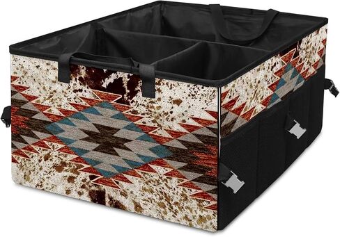 منظم صندوق السيارة بطبعة بقرة بنية، حقيبة تخزين البضائع القابلة للطي، غير قابلة للانزلاق، 3 مقصورات مقسمة، ملحقات داخلية للسيارات للسيارات ذات الدفع الرباعي والشاحنات والنزهات والتخييم in Kuwait