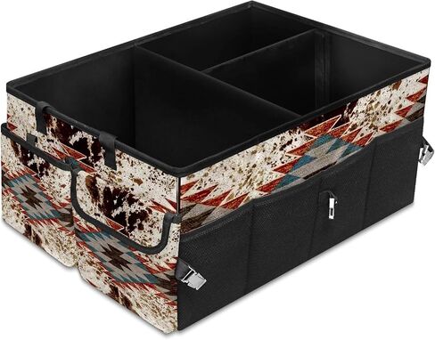 منظم صندوق السيارة بطبعة بقرة بنية، حقيبة تخزين البضائع القابلة للطي، غير قابلة للانزلاق، 3 مقصورات مقسمة، ملحقات داخلية للسيارات للسيارات ذات الدفع الرباعي والشاحنات والنزهات والتخييم in Kuwait