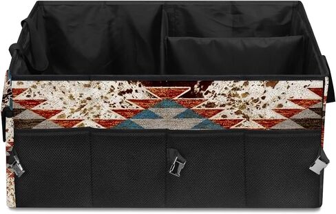 منظم صندوق السيارة بطبعة بقرة بنية، حقيبة تخزين البضائع القابلة للطي، غير قابلة للانزلاق، 3 مقصورات مقسمة، ملحقات داخلية للسيارات للسيارات ذات الدفع الرباعي والشاحنات والنزهات والتخييم in Kuwait