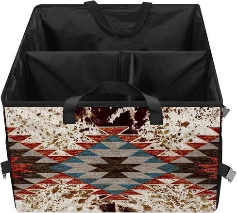 منظم صندوق السيارة بطبعة بقرة بنية، حقيبة تخزين البضائع القابلة للطي، غير قابلة للانزلاق، 3 مقصورات مقسمة، ملحقات داخلية للسيارات للسيارات ذات الدفع الرباعي والشاحنات والنزهات والتخييم in Kuwait