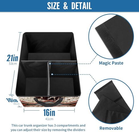 منظم صندوق السيارة بطبعة بقرة بنية، حقيبة تخزين البضائع القابلة للطي، غير قابلة للانزلاق، 3 مقصورات مقسمة، ملحقات داخلية للسيارات للسيارات ذات الدفع الرباعي والشاحنات والنزهات والتخييم in Kuwait