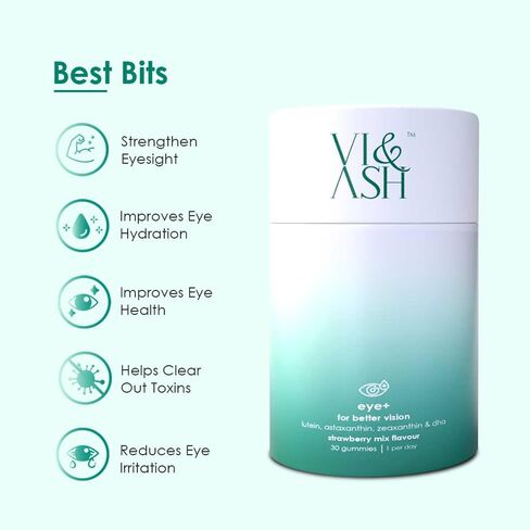 Vi & Ash Eye+ Supplement Gummies | Nourish, Protect, Illuminate Your Vision Support & Eye Health, Dry Eyes, Eye Strain | Zeaxanthin, Astaxanthin, Lutein, Vitamins A | Strawberry Flavor - 60 Gummies in Saudi Arabia