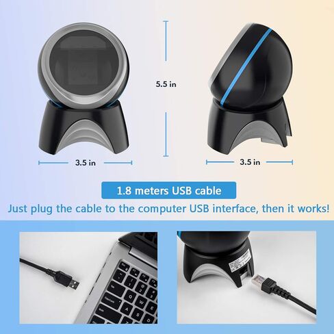 NADAMOO 1D 2D QR ماسح الباركود لسطح المكتب، قارئ باركود سلكي USB متعدد الاتجاهات، التقاط باركود QR، استشعار تلقائي للصور لمتجر البيع بالتجزئة في مكتبة السوبر ماركت in Kuwait