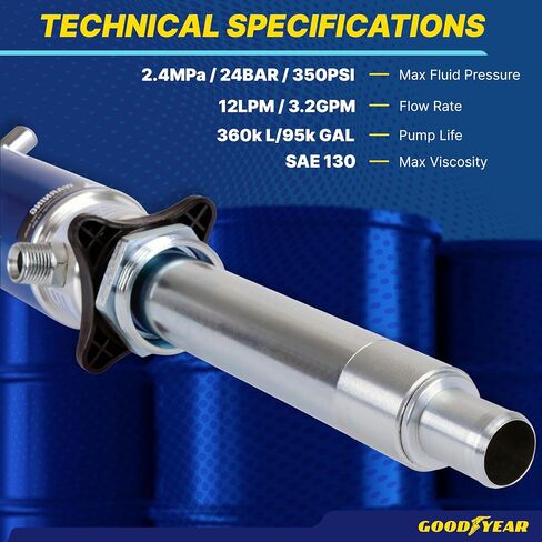 Goodyear Oil Transfer Pump Air Operated Pneumatic 3.1GPM / 12LPM PRO Heavy Duty Double Action 3:1 Fast High Flow Rate for SAE130 Oils/Fluids (NOT for Gasoline or Diesel) in Saudi Arabia