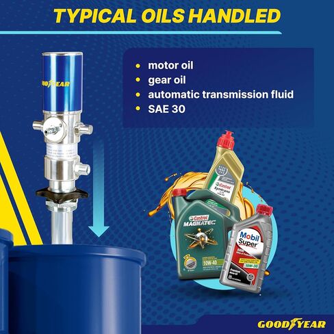 Goodyear Oil Transfer Pump Air Operated Pneumatic 3.1GPM / 12LPM PRO Heavy Duty Double Action 3:1 Fast High Flow Rate for SAE130 Oils/Fluids (NOT for Gasoline or Diesel) in Saudi Arabia