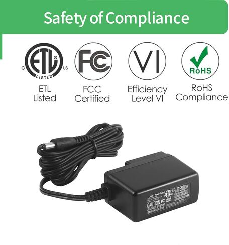Security-01 DC 9V 0.5A محول إمداد الطاقة، قابس 5.5 مم × 2.1 مم، مركز سلبي، لدواسات المؤثرات، الطبل، وحدة التحكم DJ، لوحات مفاتيح البيانو، صانعي الملصقات والمزيد، سلك 6.8FT، مدرج في قائمة UL in Kuwait
