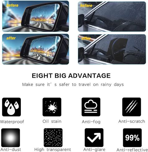 4 قطع من غشاء مرآة الرؤية الخلفية للسيارة مضاد للمطر ومقاوم للماء ومضاد للضباب عالي الدقة بطلاء نانو شفاف لمرايا السيارة والنوافذ الجانبية، ملصقات مرايا بأشكال مختلفة in Kuwait