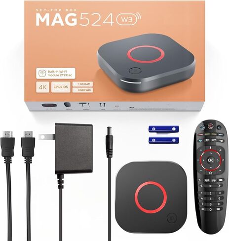 جهاز فك التشفير Raxxio MAG524w3 Linux 4.9، Amlogic S905X2، 4K 60 إطارًا في الثانية، ذاكرة وصول عشوائي DDR3 سعة 1 جيجابايت، ذاكرة فلاش 4 جيجابايت، ثنائي النطاق 2.4G/5G 2T2R ac WiFi، USB 2.0 و3.0 مع كابل HDMI وجهاز تحكم عن بعد in Kuwait