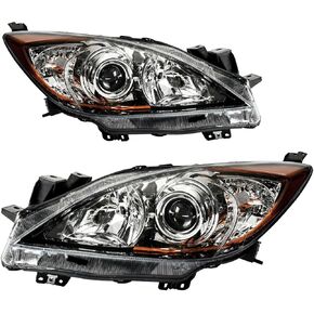 KAC Headlight Assembly Chrome Housing + Amber Reflector Fit For 2010-2013 Mazda 3, Replace MA2518130, MA2519130 Pack of 2 (Driver and Passenger Side)