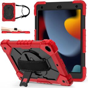 Case for iPad 9th/8th/7th Gen 10.2''，Shockproof Rugged Heavy Duty Hybrid PC+TPU 360° Rotating Hand Strap&Kickstand Shoulder Strap for Apple 10.2 inch iPad 9/8/7 2021/2020/2019 (Black)