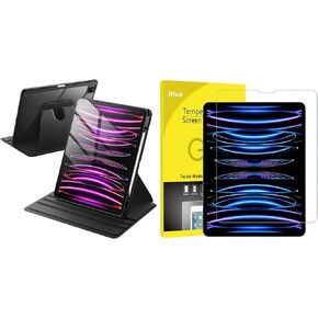 JETech iPad Pro 12.9-Inch (2022/2021/2020/2018) Rotating Case with Pencil Holder and Tempered Glass Screen Protector Bundle