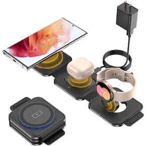محطة الشحن اللاسلكية لجيب لأجهزة Samsung Android ، وسادة شاحن السفر القابلة للطي لـ Samsung S25 S24 S23 Ultra Z Flip Fold 6 ، شاحن ساعة لاسلكي لـ Galaxy Watch 7/6 ، لـ Buds 3 Pro-Black