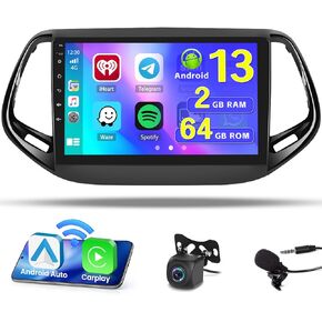 Hikity [2+64G] Android 13 Car Stereo for Jeep Compass 2017-2020 with Wireless Carplay Android Auto, 9 Inch Touchscreen GPS WiFi Bluetooth FM RDS SWC Mic Backup Camera