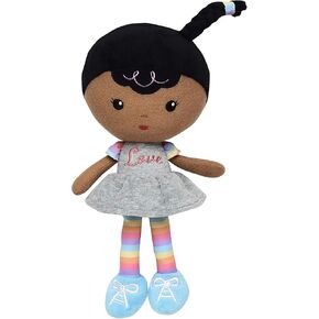 Large 13 inch Soft Baby Doll with Candy Cane Heart Print, Brunette Ruby, Christmas Red
