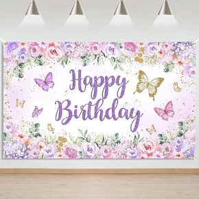 Mocsicka Butterfly Banner Banner Backdrop Purple Butterfly عيد ميلاد سعيد فتاة عيد ميلاد حفلة زخارف عيد ميلاد الفراشة 70.8 × 43.3 بوصة