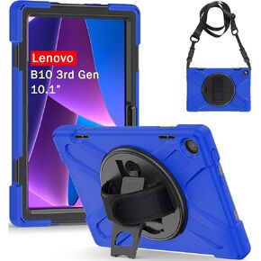 Junfire Shockproof Case for Lenovo Tab M10 3rd Gen 10.1 inch 2022, Heavy Duty Rugged Case with Hand Strap/360°Rotating Kickstand/Shoulder Belt for TB-326FU/TB-328XU,Black
