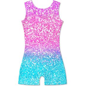 Funnycokid Girls Gymnastics Leotards with Shorts Sparkle Dance Unitards Mermaid Active Biketards 2-10 Years