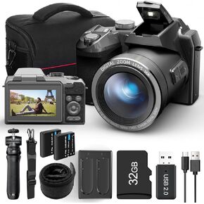 64MP Digital Camera for Photography Autofocus, 4K vlogging Camera for YouTube with Strap&Tripod,16X Anti-Shake Compact Travel Camera with WiFi & App Control, Flash,SD Card, 2 Batteries (Black)