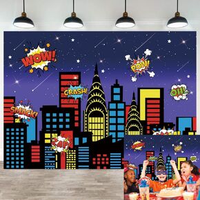 Superhero Cityscape Theme Backdrop Night Scene Buildings Boom Super City Party Photography Background Baby Shower Boy Girl Kids Birthday Party Decoration Studio Shoot Prop (7x5FT)