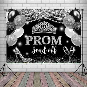 Lofaris Prom Send Off 2025 Photography Backdrop Black and Silver Crown Congrats Grad Background Celebrate Graduation Class of 2025 Prom Night Decorations Cake Table Banner 7x5ft