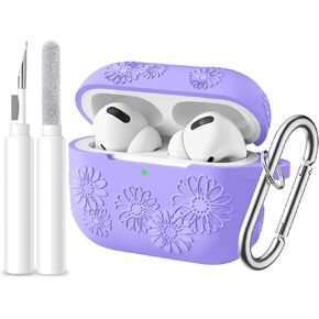 Lerobo for Airpods Pro 2 Case Cover, Cute Flower Embossed Silicone Full Protective Cover Accessories with Cleaner Kit & Keychain Compatible with Apple Airpod Pro Case for Women and Men,Pine Green