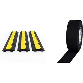 Happybuy 3 Pack of 2 Channel 11000lbs per Axle Capacity Protective Wire Cord Ramp Driveway Rubber Traffic Speed Bumps Cable Protector, 2, Black and Yellow & Pro Gaffer Gaffers Tape, Black